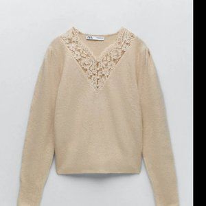 Zara Nude Lace knit Sweater with Buttons Size M